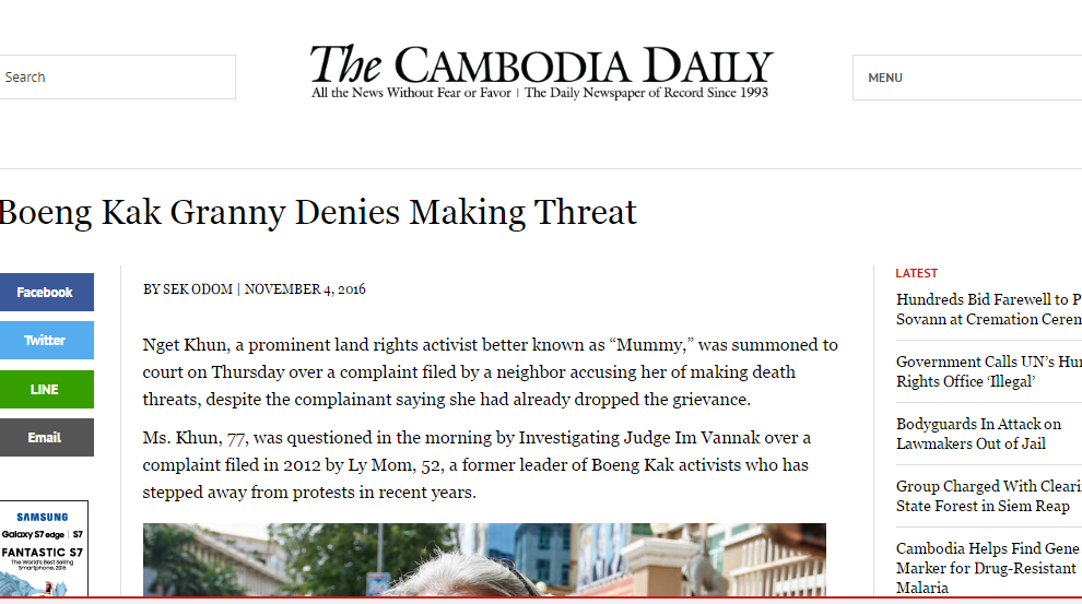Boeng Kak Granny Denies Making Threat